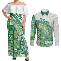 Samoa Mamanu Siapo Forest Green Couples Matching Off Shoulder Maxi Dress and Long Sleeve Button Shirt Tatau Malie