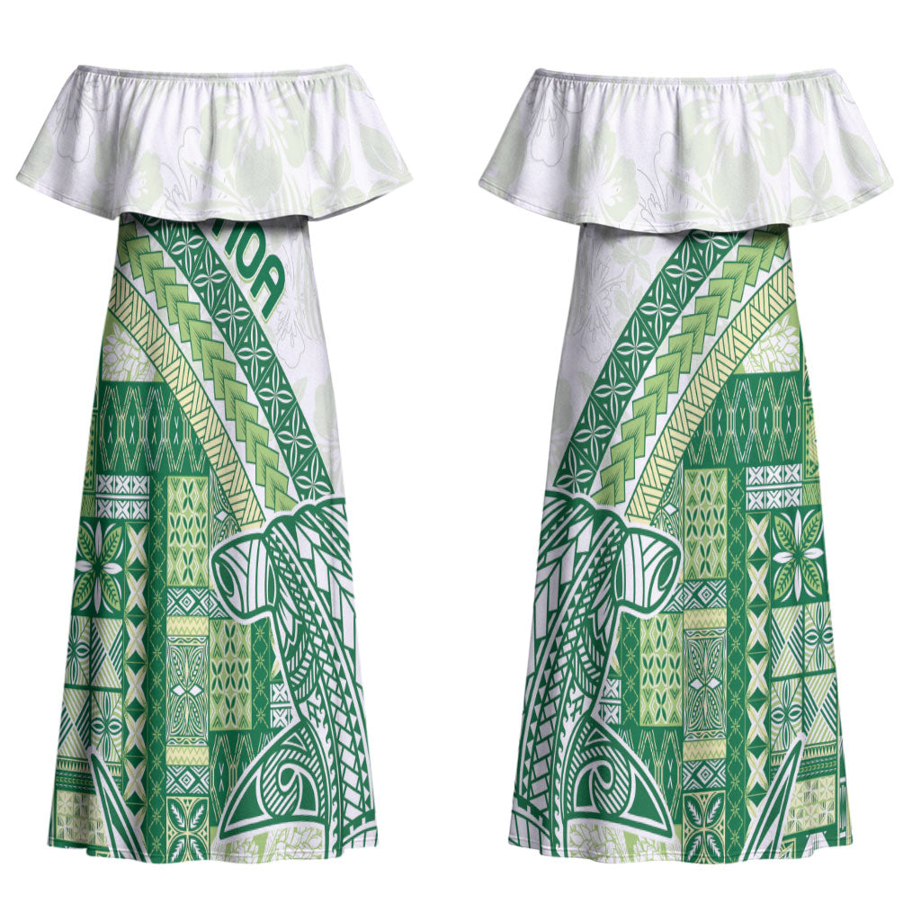 Samoa Mamanu Siapo Forest Green Couples Matching Off Shoulder Maxi Dress and Long Sleeve Button Shirt Tatau Malie