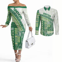 Samoa Mamanu Siapo Forest Green Couples Matching Off The Shoulder Long Sleeve Dress and Long Sleeve Button Shirt Tatau Malie