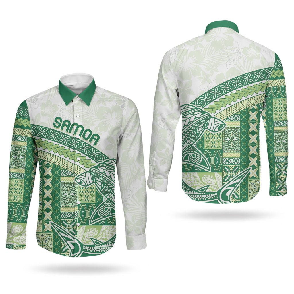 Samoa Mamanu Siapo Forest Green Couples Matching Off The Shoulder Long Sleeve Dress and Long Sleeve Button Shirt Tatau Malie
