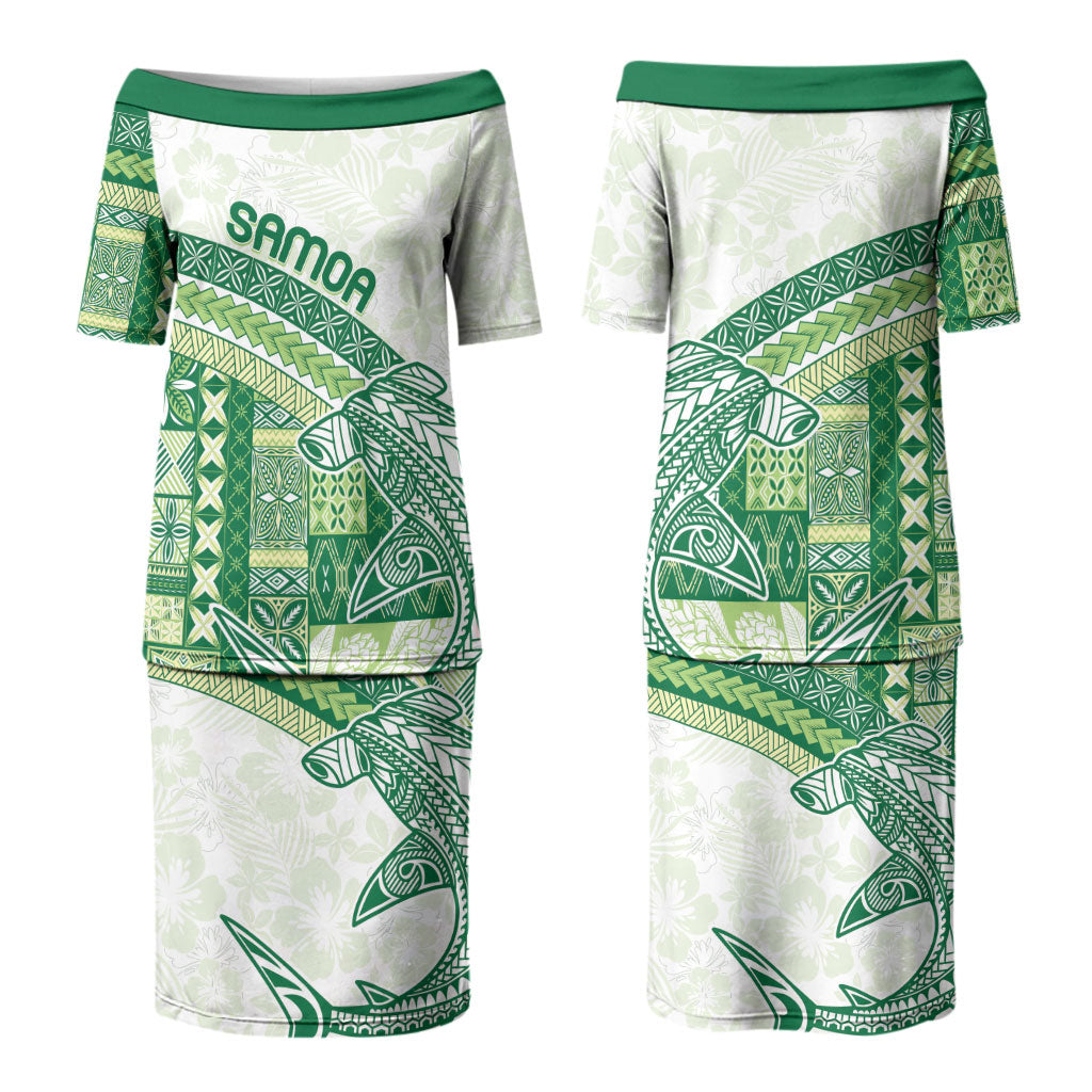 Samoa Mamanu Siapo Forest Green Couples Matching Puletasi and Long Sleeve Button Shirt Tatau Malie