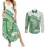 Samoa Mamanu Siapo Forest Green Couples Matching Summer Maxi Dress and Long Sleeve Button Shirt Tatau Malie