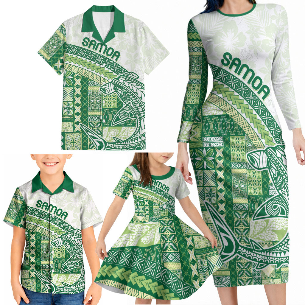 Samoa Mamanu Siapo Forest Green Family Matching Long Sleeve Bodycon Dress and Hawaiian Shirt Tatau Malie