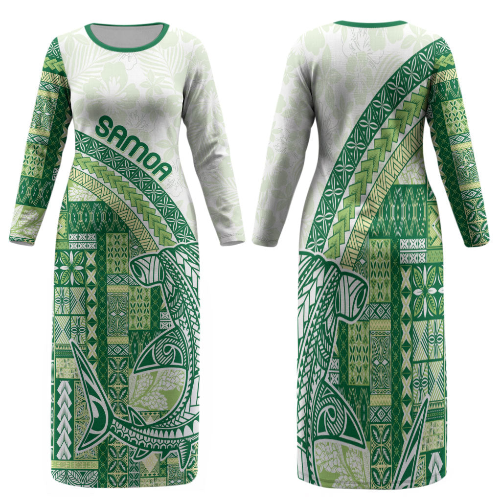 Samoa Mamanu Siapo Forest Green Family Matching Long Sleeve Bodycon Dress and Hawaiian Shirt Tatau Malie