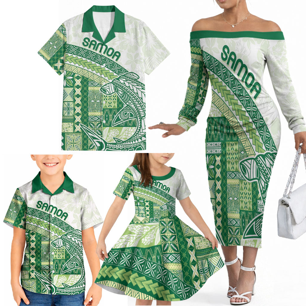 Samoa Mamanu Siapo Forest Green Family Matching Off The Shoulder Long Sleeve Dress and Hawaiian Shirt Tatau Malie