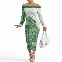Samoa Mamanu Siapo Forest Green Off The Shoulder Long Sleeve Dress Tatau Malie