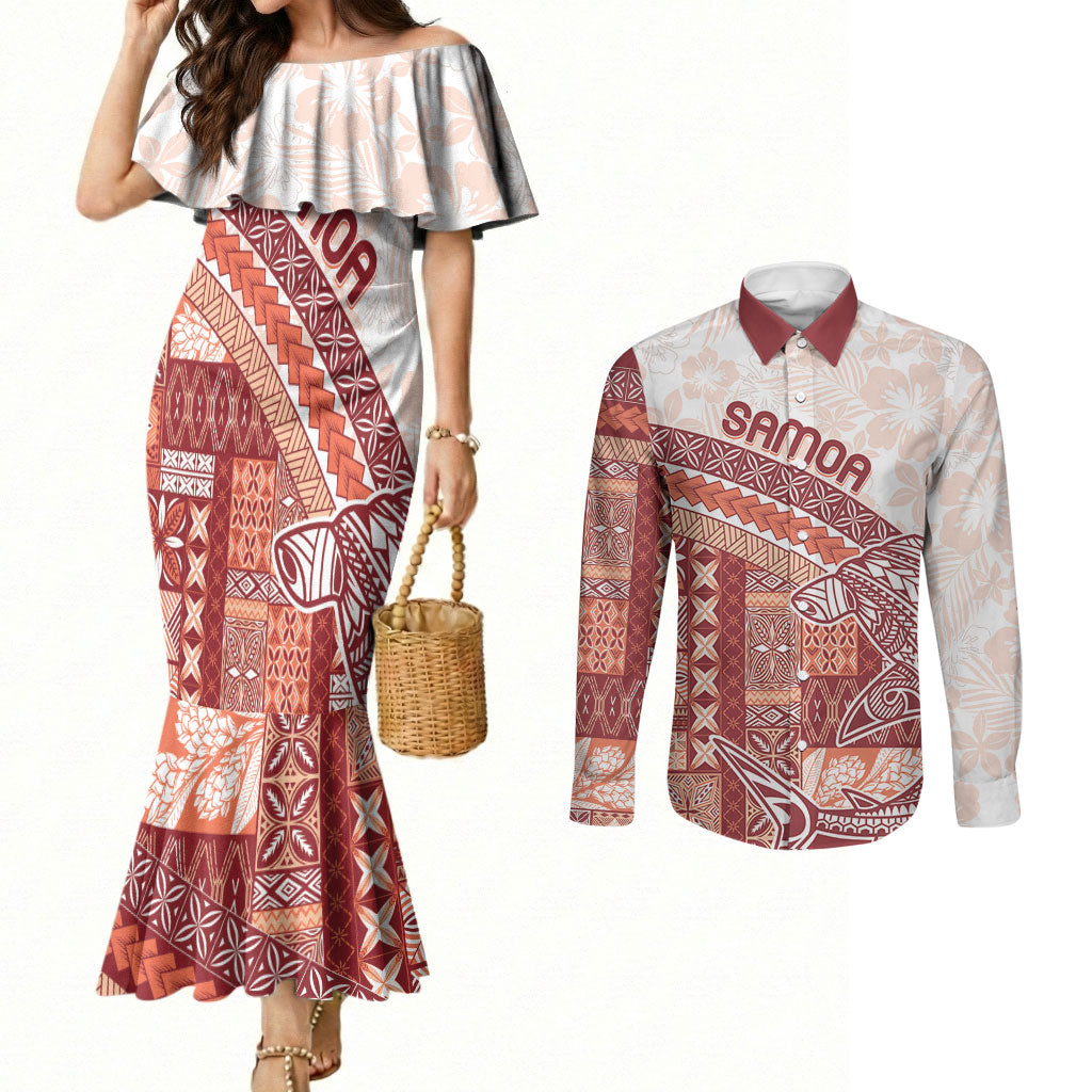 Samoa Mamanu Siapo Crimson Couples Matching Mermaid Dress and Long Sleeve Button Shirt Tatau Malie