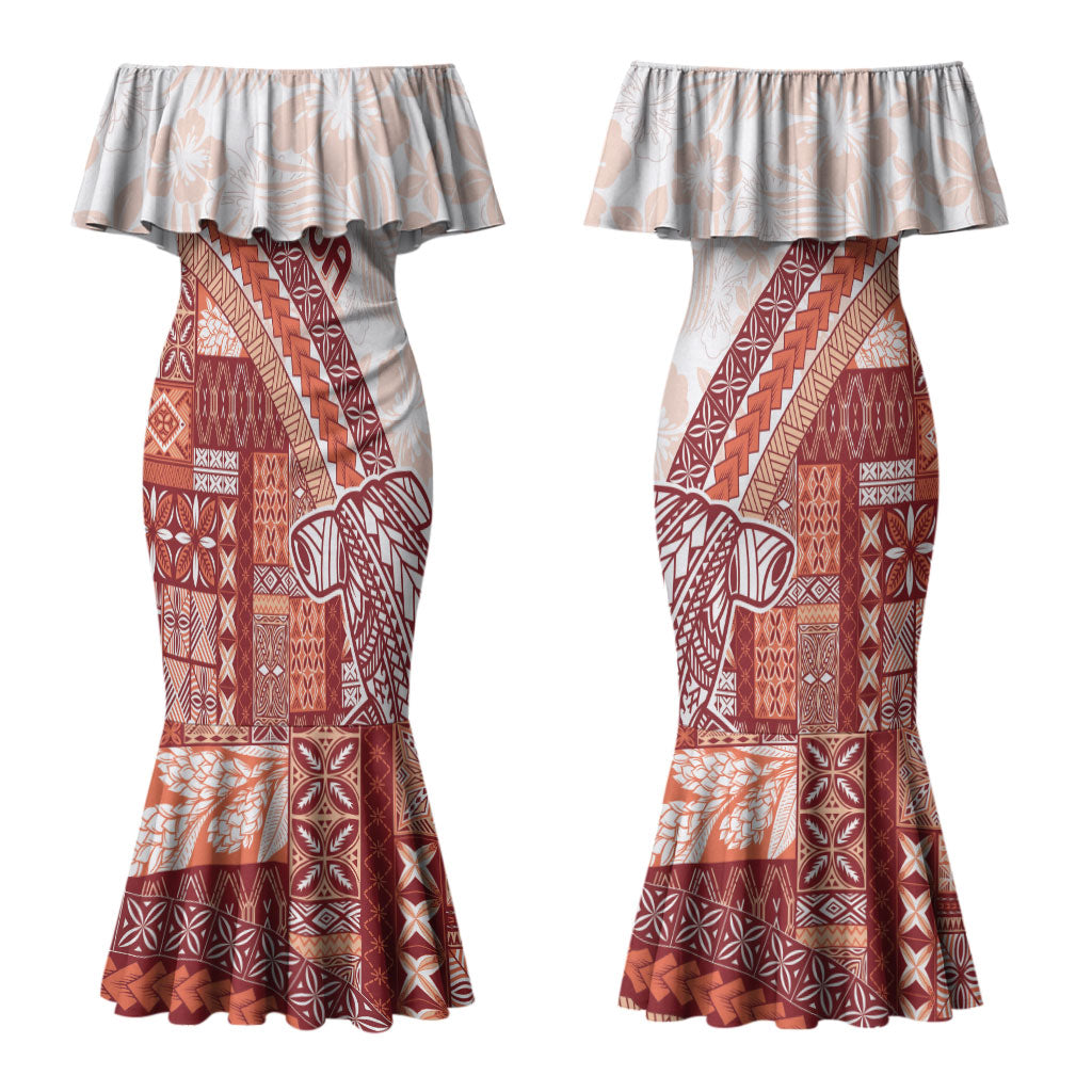 Samoa Mamanu Siapo Crimson Couples Matching Mermaid Dress and Long Sleeve Button Shirt Tatau Malie