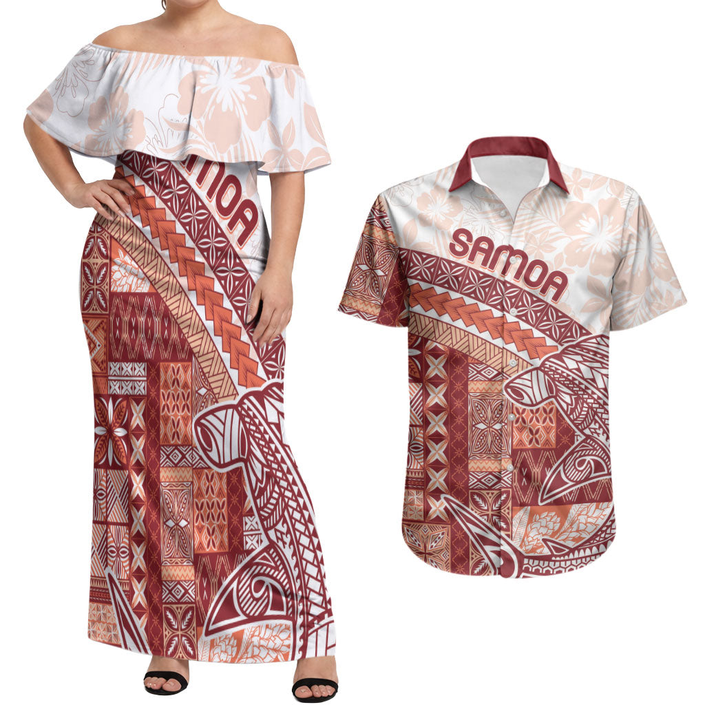 Samoa Mamanu Siapo Crimson Couples Matching Off Shoulder Maxi Dress and Hawaiian Shirt Tatau Malie