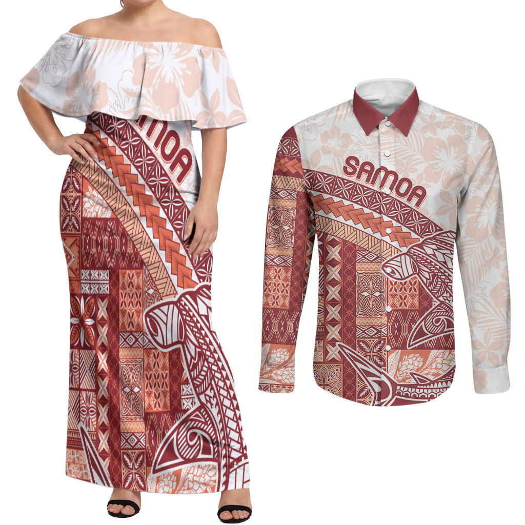 Samoa Mamanu Siapo Crimson Couples Matching Off Shoulder Maxi Dress and Long Sleeve Button Shirt Tatau Malie