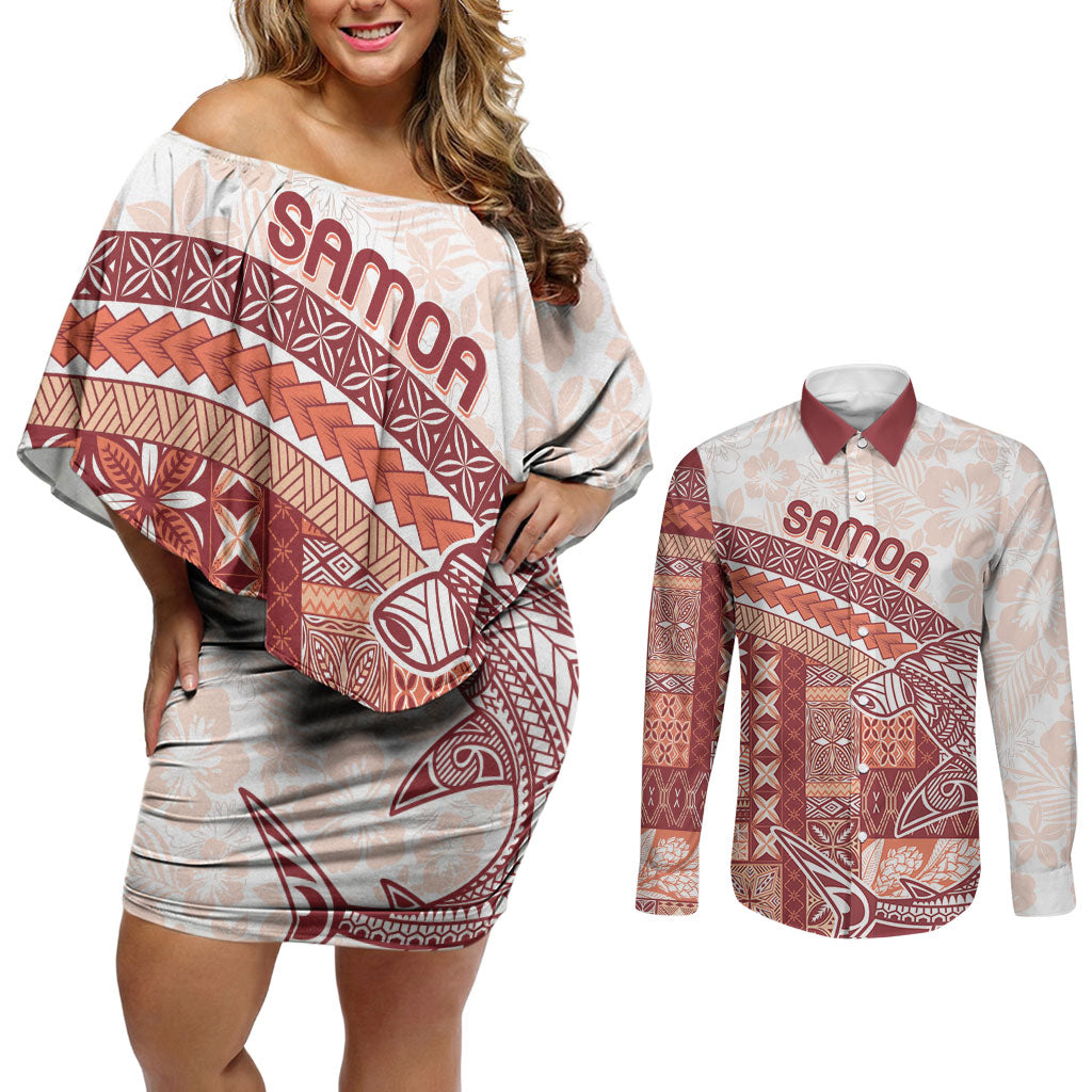 Samoa Mamanu Siapo Crimson Couples Matching Off Shoulder Short Dress and Long Sleeve Button Shirt Tatau Malie