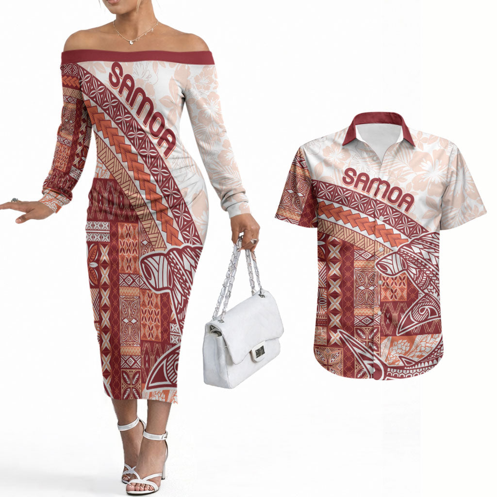 Samoa Mamanu Siapo Crimson Couples Matching Off The Shoulder Long Sleeve Dress and Hawaiian Shirt Tatau Malie