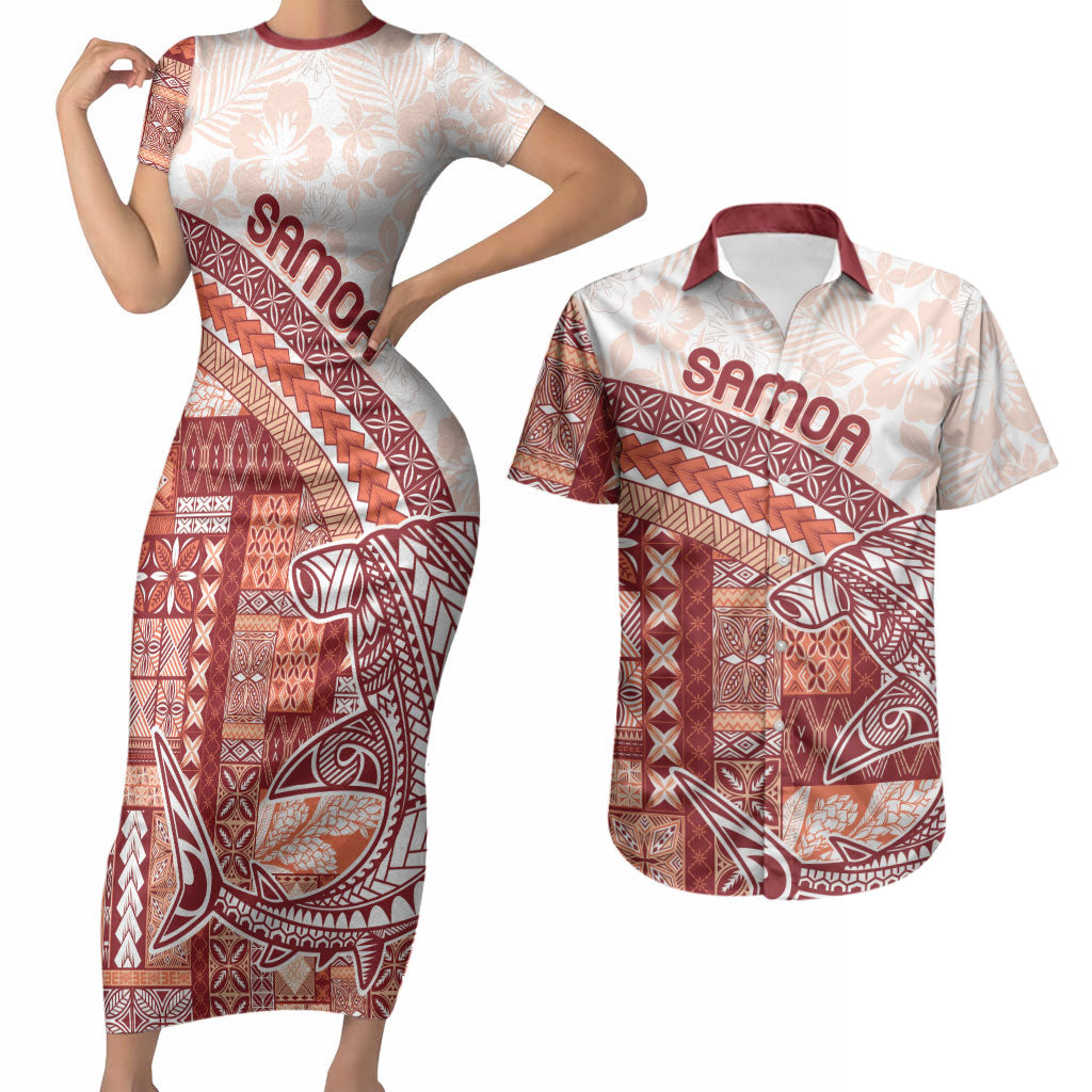 Samoa Mamanu Siapo Crimson Couples Matching Short Sleeve Bodycon Dress and Hawaiian Shirt Tatau Malie