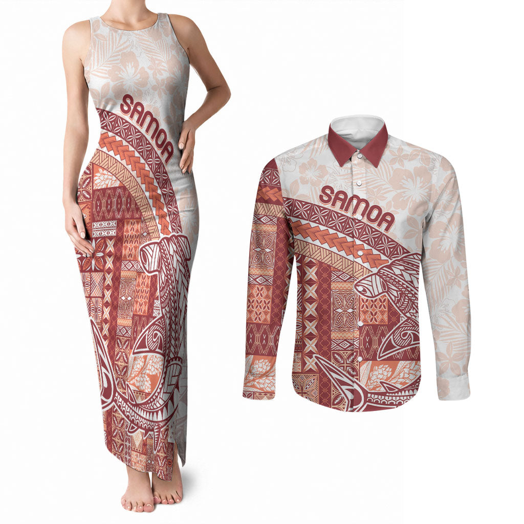 Samoa Mamanu Siapo Crimson Couples Matching Tank Maxi Dress and Long Sleeve Button Shirt Tatau Malie