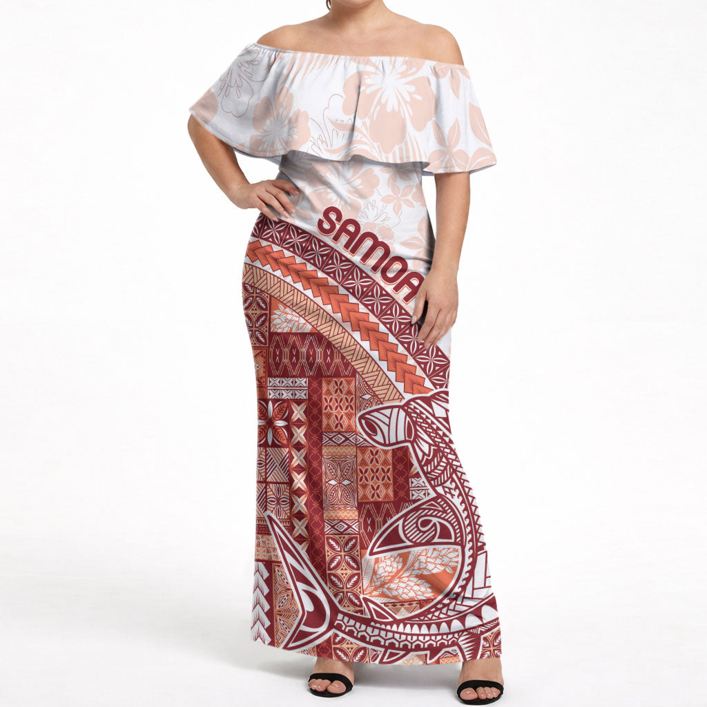 Samoa Mamanu Siapo Crimson Off Shoulder Maxi Dress Tatau Malie