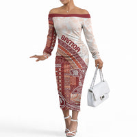 Samoa Mamanu Siapo Crimson Off The Shoulder Long Sleeve Dress Tatau Malie