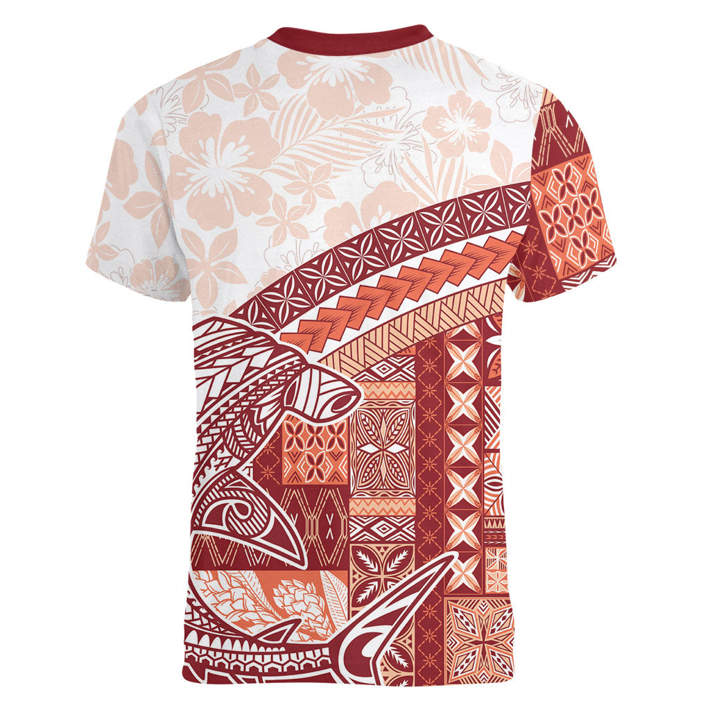 Samoa Mamanu Siapo Crimson Women V-Neck T-Shirt Tatau Malie