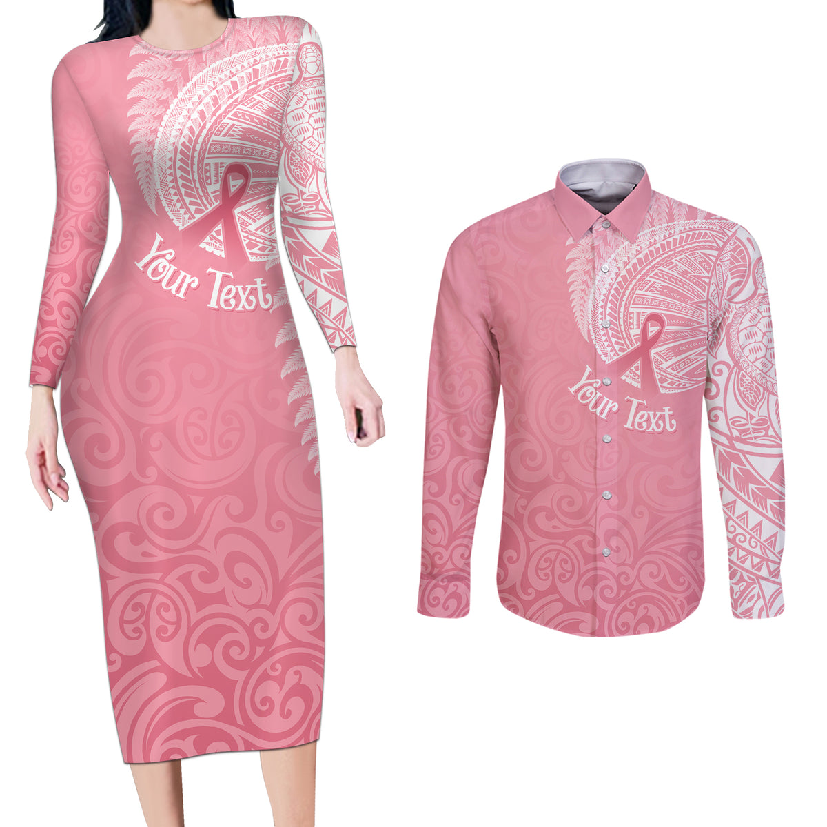 personalised-new-zealand-couples-matching-long-sleeve-bodycon-dress-and-long-sleeve-button-shirts-pink-ribbon-tattoo-mix-silver-fern