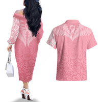 personalised-new-zealand-couples-matching-off-the-shoulder-long-sleeve-dress-and-hawaiian-shirt-pink-ribbon-tattoo-mix-silver-fern