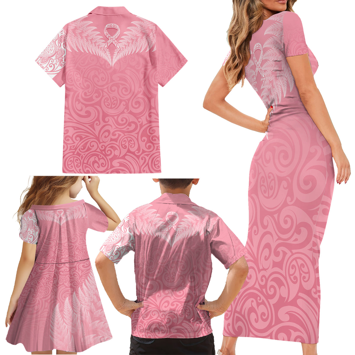 personalised-new-zealand-family-matching-short-sleeve-bodycon-dress-and-hawaiian-shirt-pink-ribbon-tattoo-mix-silver-fern