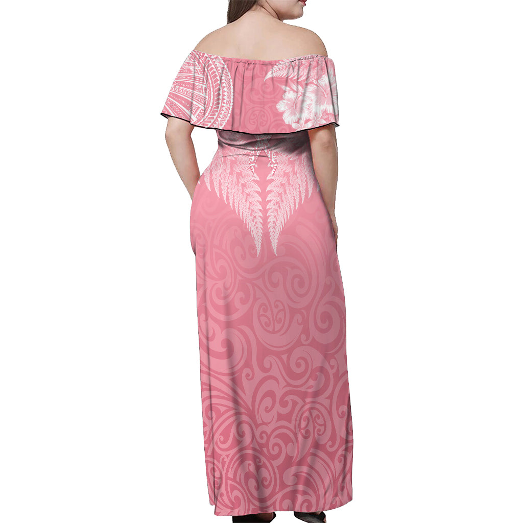 personalised-new-zealand-off-shoulder-maxi-dress-pink-ribbon-tattoo-mix-silver-fern