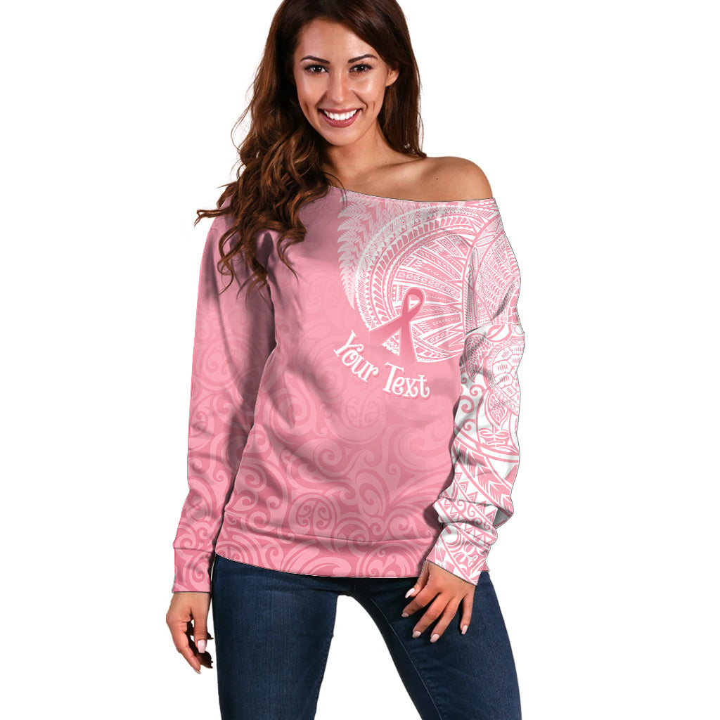 Personalised New Zealand Off Shoulder Sweater Pink Ribbon Tattoo Mix Silver Fern LT7 Women Pink - Polynesian Pride