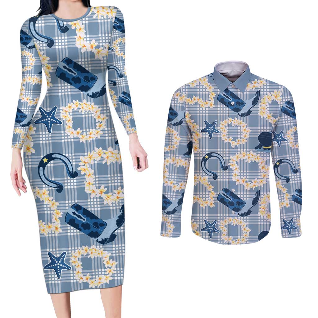 Aloha Hawaii Paniolo Jeans Palaka Couples Matching Long Sleeve Bodycon Dress and Long Sleeve Button Shirt Coastal Rodeo - Polynesian Pride