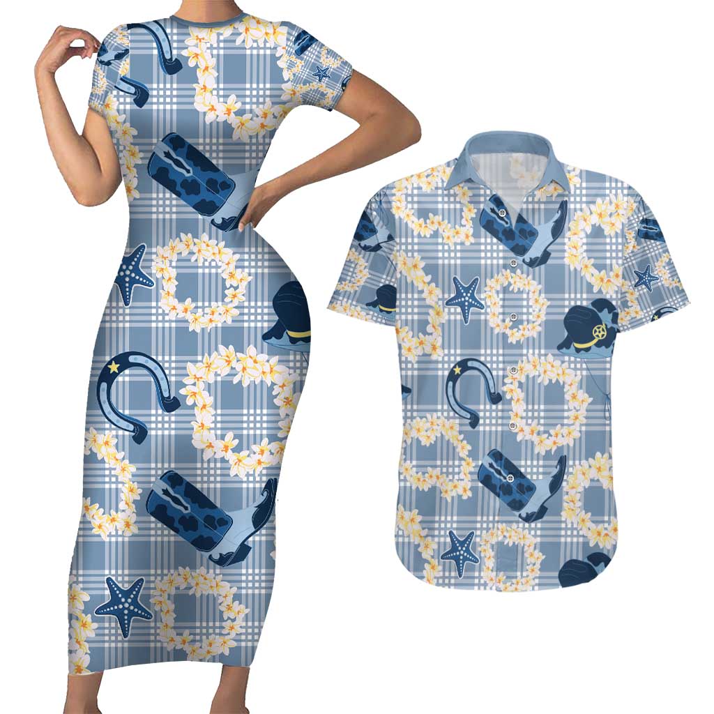 Aloha Hawaii Paniolo Jeans Palaka Couples Matching Short Sleeve Bodycon Dress and Hawaiian Shirt Coastal Rodeo - Polynesian Pride
