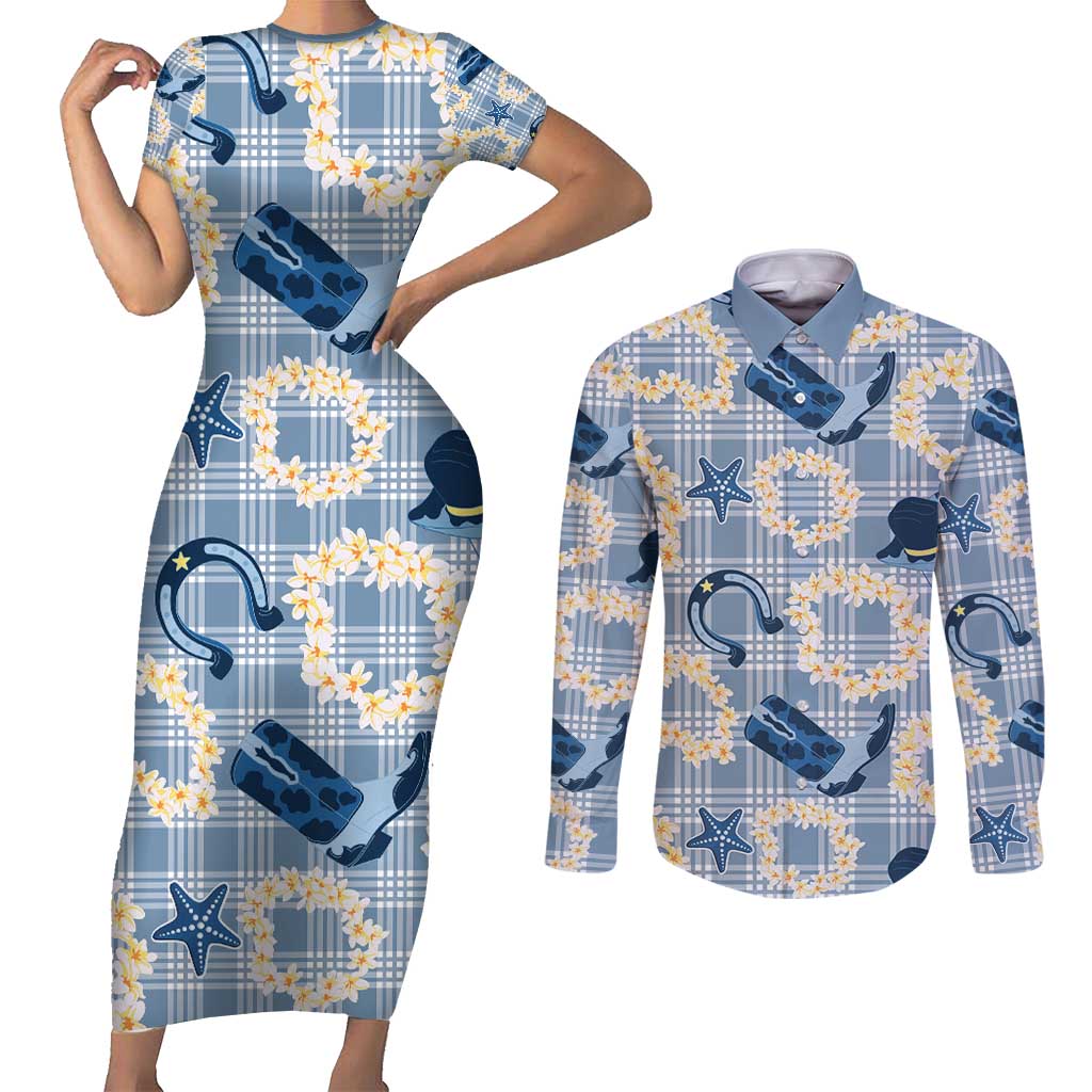 Aloha Hawaii Paniolo Jeans Palaka Couples Matching Short Sleeve Bodycon Dress and Long Sleeve Button Shirt Coastal Rodeo - Polynesian Pride