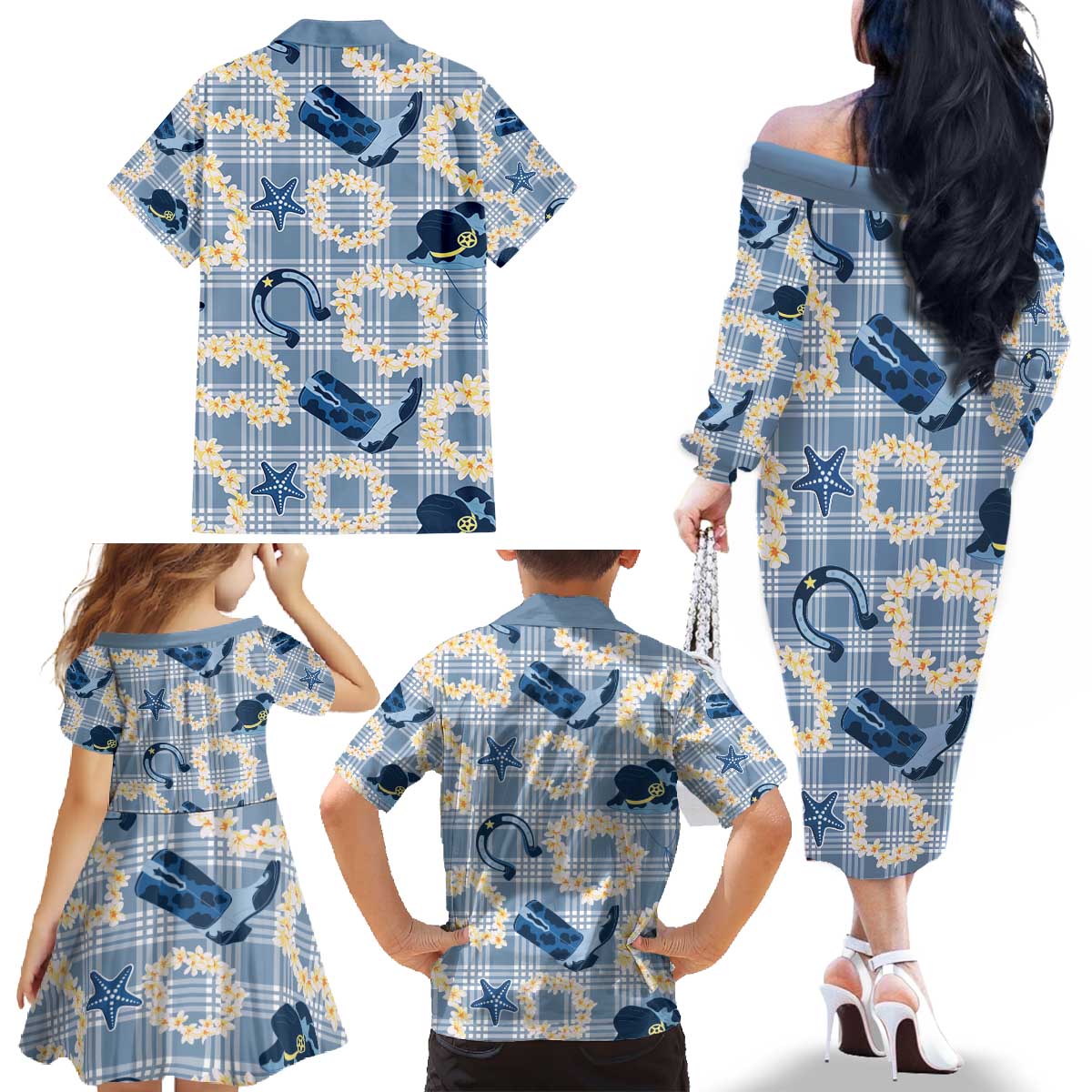 Aloha Hawaii Paniolo Jeans Palaka Family Matching Off The Shoulder Long Sleeve Dress and Hawaiian Shirt Coastal Rodeo - Polynesian Pride