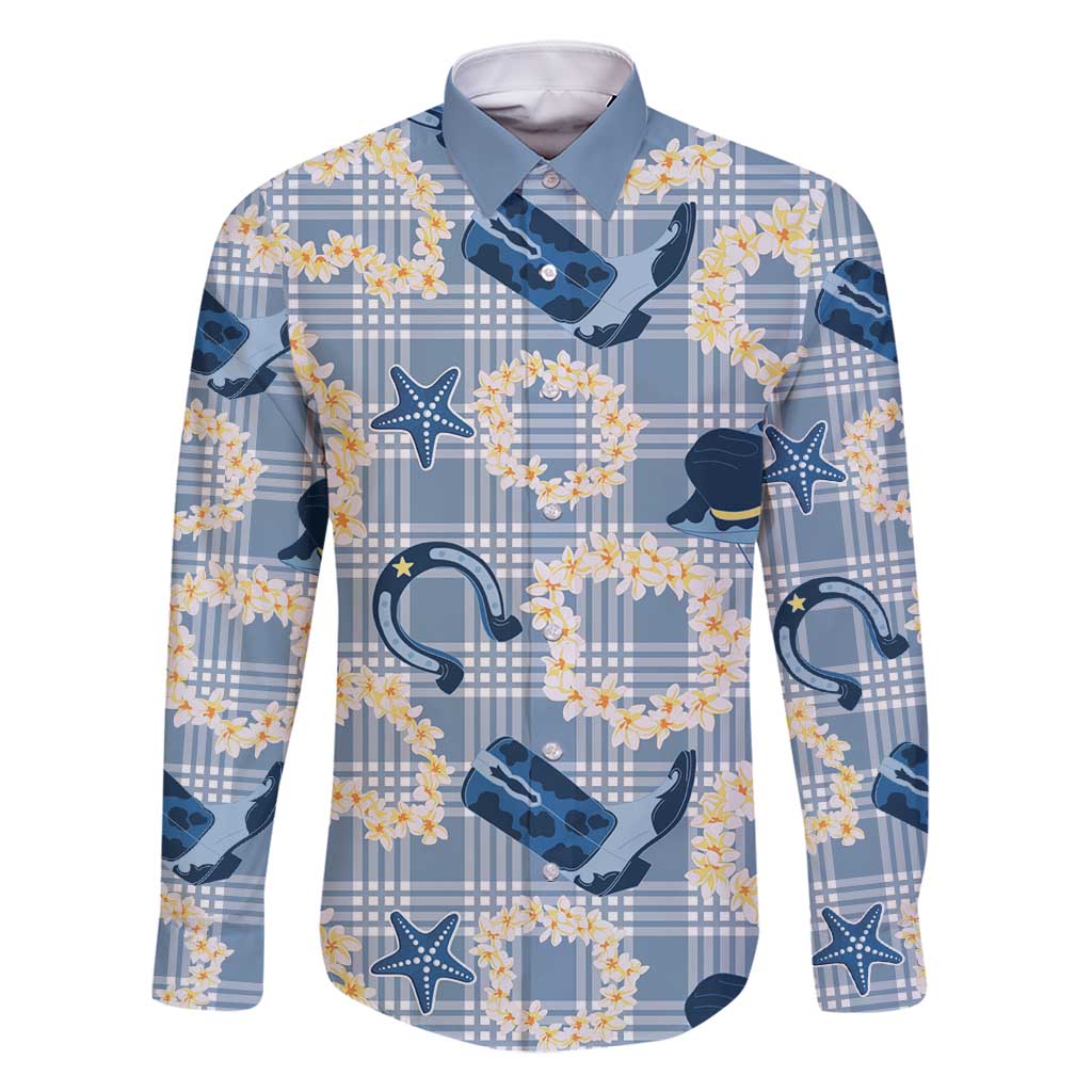Aloha Hawaii Paniolo Jeans Palaka Family Matching Off Shoulder Short Dress and Hawaiian Shirt Coastal Rodeo LT7 Dad's Shirt - Long Sleeve Pastel Blue - Polynesian Pride