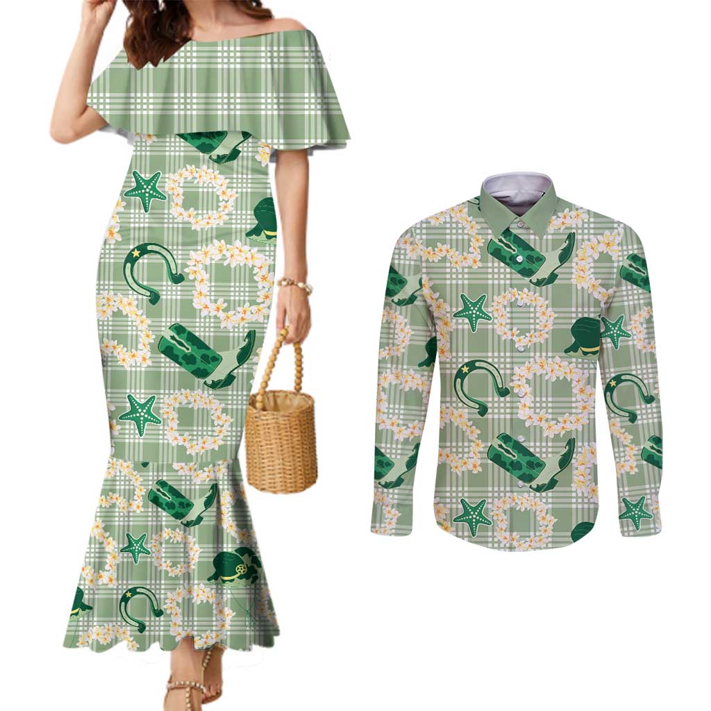 Aloha Hawaii Paniolo Mint Palaka Couples Matching Mermaid Dress and Long Sleeve Button Shirt Coastal Rodeo - Polynesian Pride