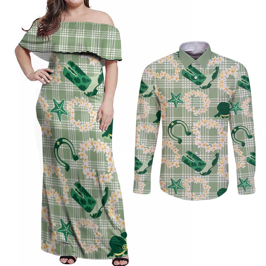 Aloha Hawaii Paniolo Mint Palaka Couples Matching Off Shoulder Maxi Dress and Long Sleeve Button Shirt Coastal Rodeo - Polynesian Pride