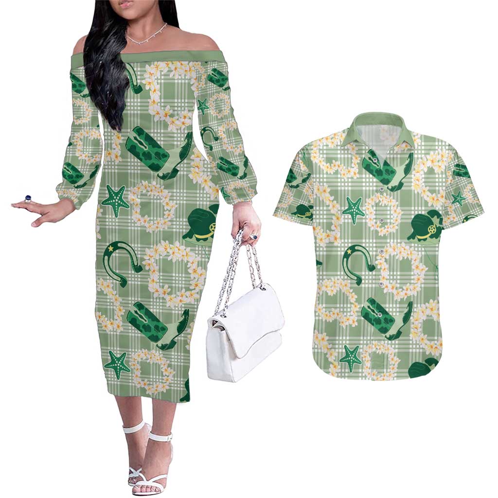 Aloha Hawaii Paniolo Mint Palaka Couples Matching Off The Shoulder Long Sleeve Dress and Hawaiian Shirt Coastal Rodeo - Polynesian Pride