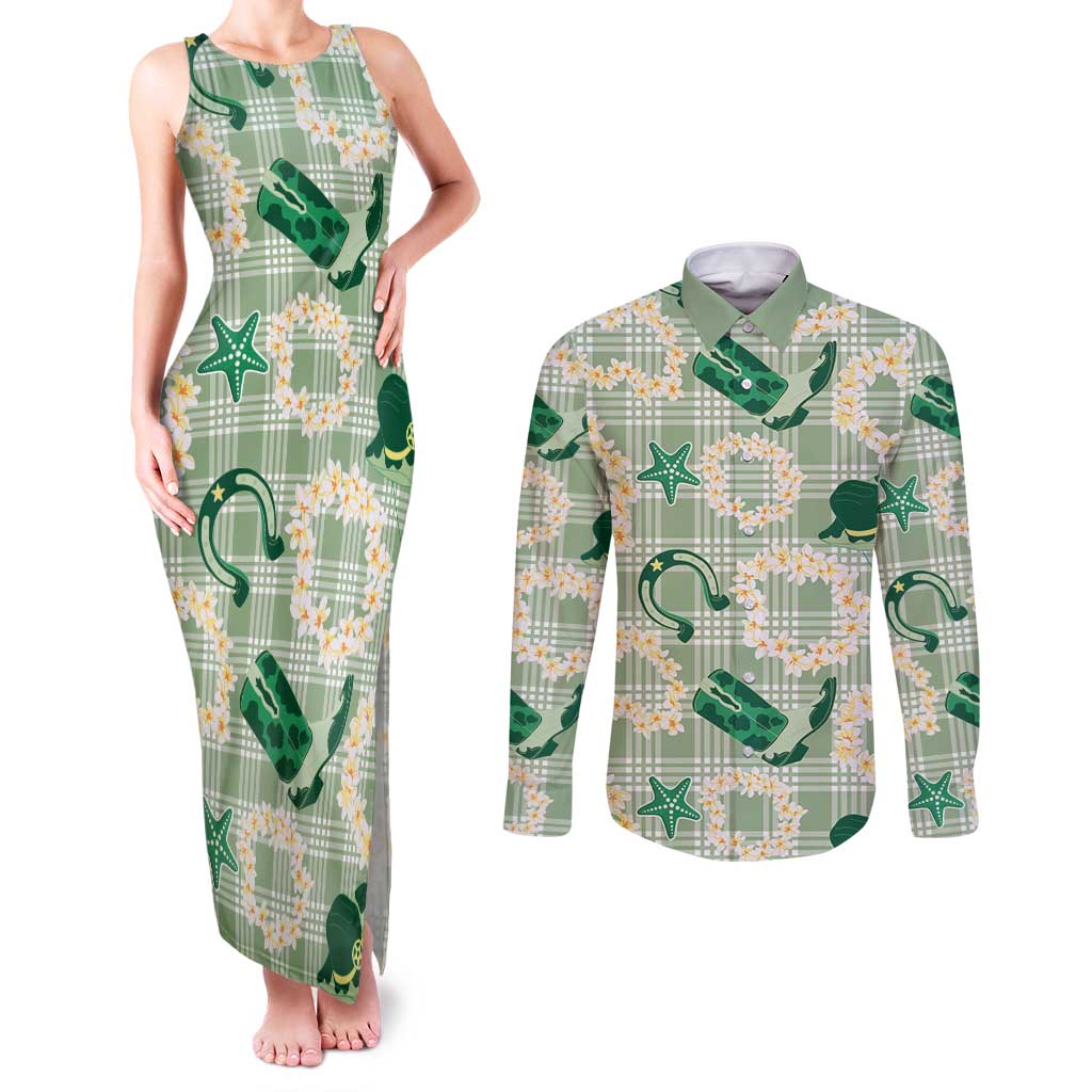Aloha Hawaii Paniolo Mint Palaka Couples Matching Tank Maxi Dress and Long Sleeve Button Shirt Coastal Rodeo - Polynesian Pride