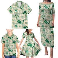 Aloha Hawaii Paniolo Mint Palaka Family Matching Puletasi and Hawaiian Shirt Coastal Rodeo - Polynesian Pride