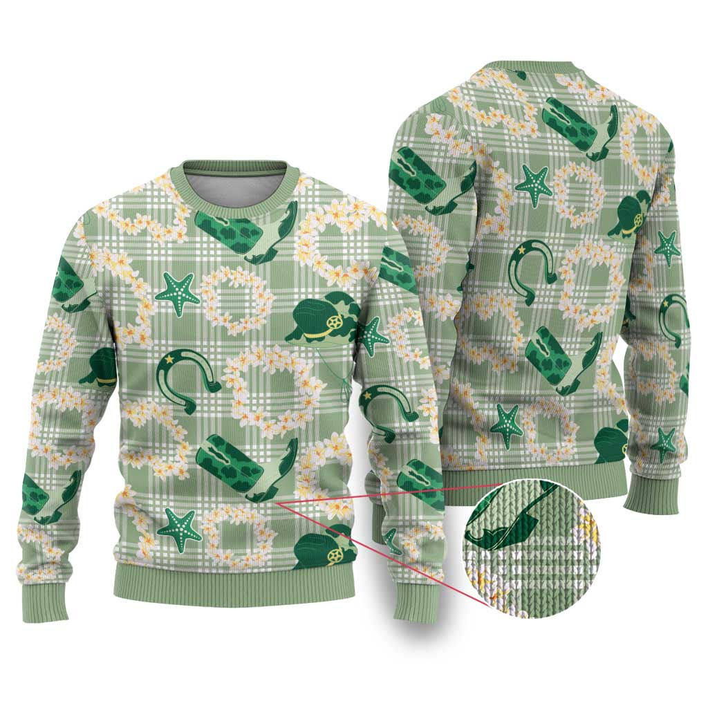 Aloha Hawaii Paniolo Mint Palaka Ugly Christmas Sweater Coastal Rodeo - Polynesian Pride
