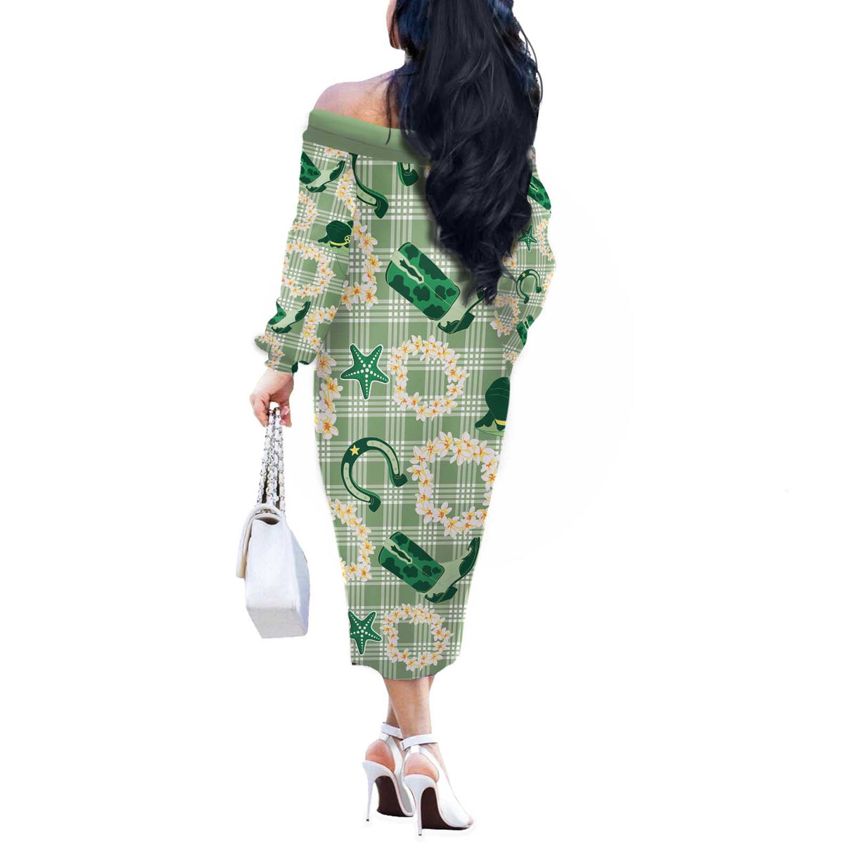 Aloha Hawaii Paniolo Mint Palaka Off The Shoulder Long Sleeve Dress Coastal Rodeo - Polynesian Pride