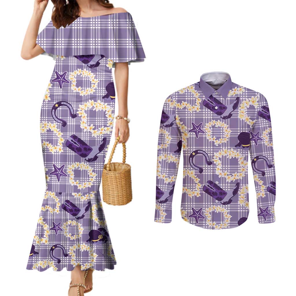 Aloha Hawaii Paniolo Lavender Palaka Couples Matching Mermaid Dress and Long Sleeve Button Shirt Coastal Rodeo - Polynesian Pride