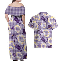 Aloha Hawaii Paniolo Lavender Palaka Couples Matching Off Shoulder Maxi Dress and Hawaiian Shirt Coastal Rodeo - Polynesian Pride