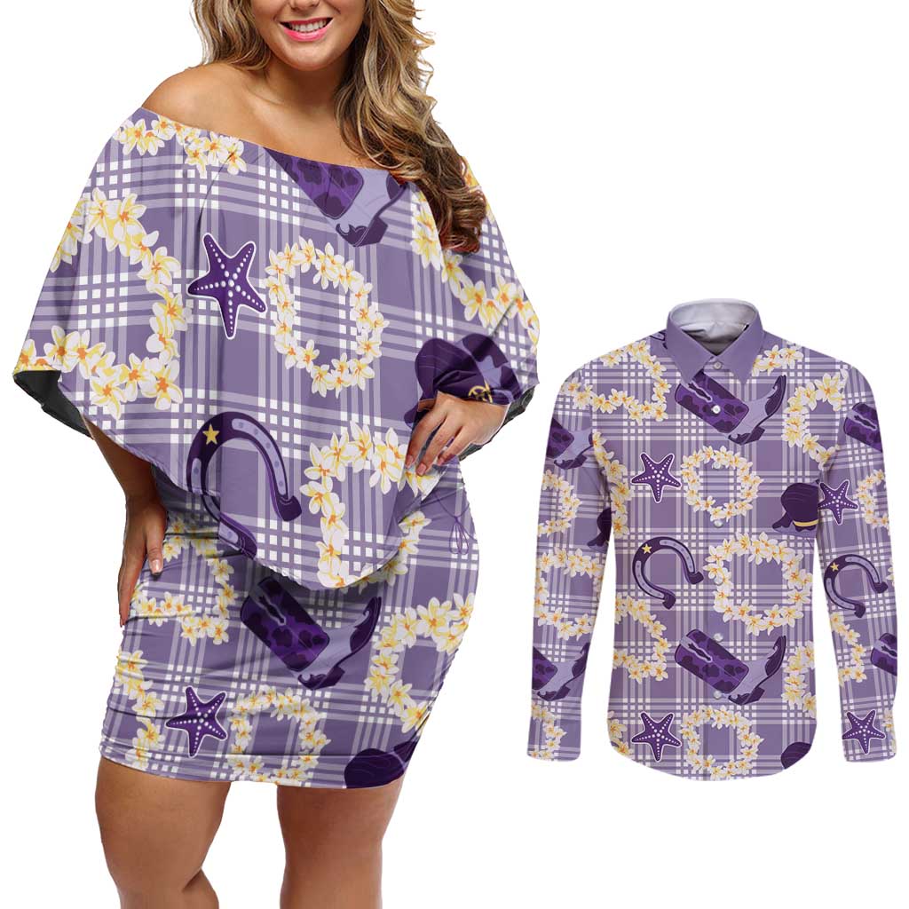 Aloha Hawaii Paniolo Lavender Palaka Couples Matching Off Shoulder Short Dress and Long Sleeve Button Shirt Coastal Rodeo - Polynesian Pride