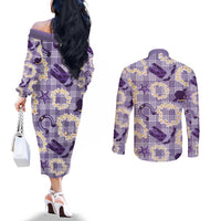 Aloha Hawaii Paniolo Lavender Palaka Couples Matching Off The Shoulder Long Sleeve Dress and Long Sleeve Button Shirt Coastal Rodeo - Polynesian Pride