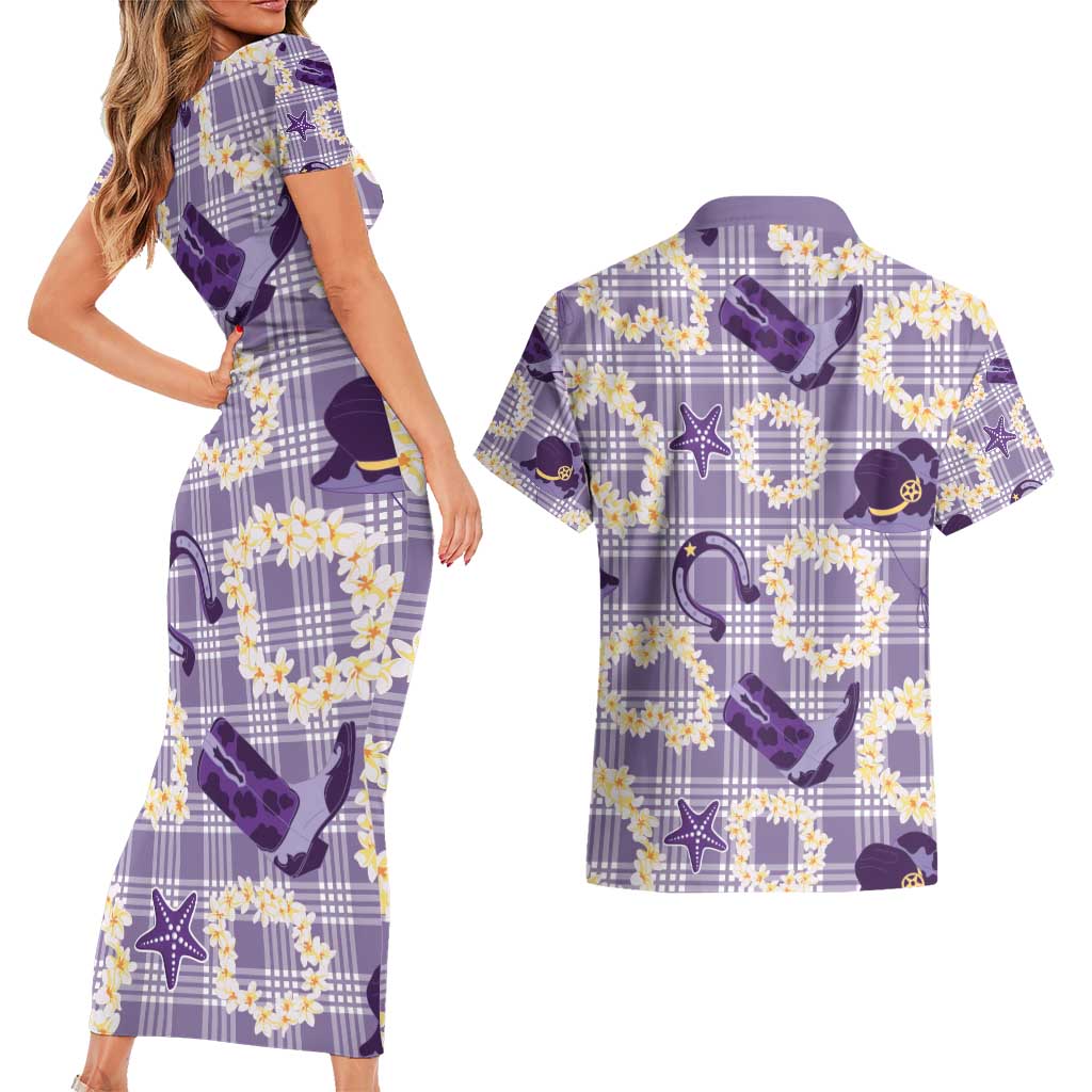Aloha Hawaii Paniolo Lavender Palaka Couples Matching Short Sleeve Bodycon Dress and Hawaiian Shirt Coastal Rodeo - Polynesian Pride