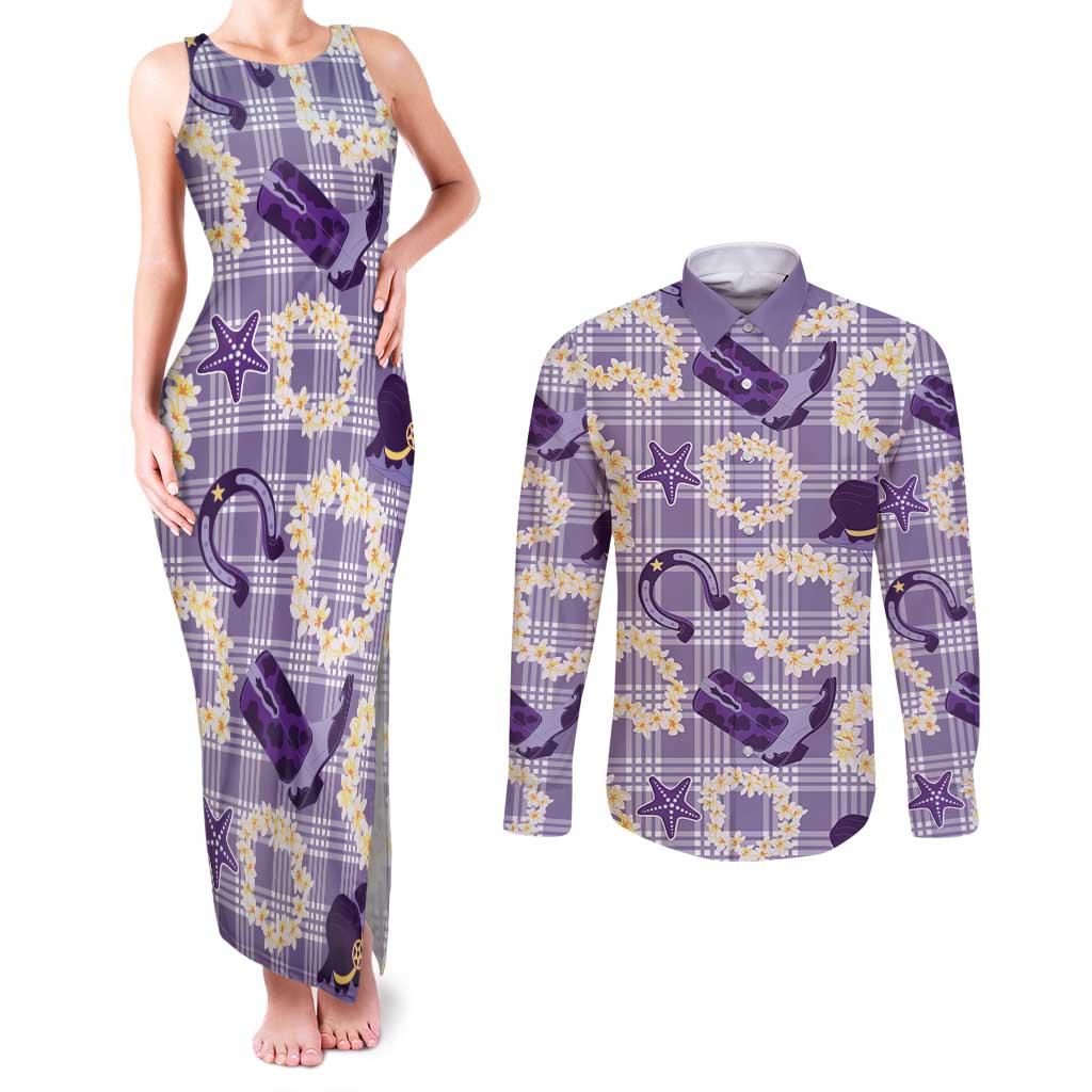 Aloha Hawaii Paniolo Lavender Palaka Couples Matching Tank Maxi Dress and Long Sleeve Button Shirt Coastal Rodeo - Polynesian Pride