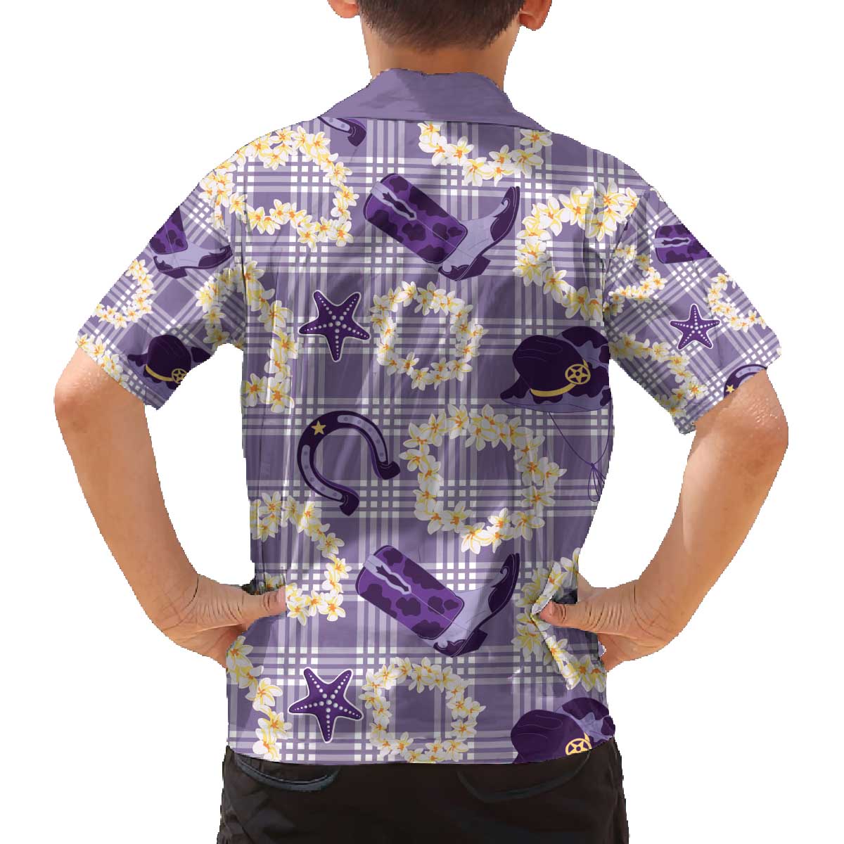 Aloha Hawaii Paniolo Lavender Palaka Family Matching Off The Shoulder Long Sleeve Dress and Hawaiian Shirt Coastal Rodeo - Polynesian Pride