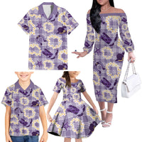 Aloha Hawaii Paniolo Lavender Palaka Family Matching Off The Shoulder Long Sleeve Dress and Hawaiian Shirt Coastal Rodeo - Polynesian Pride