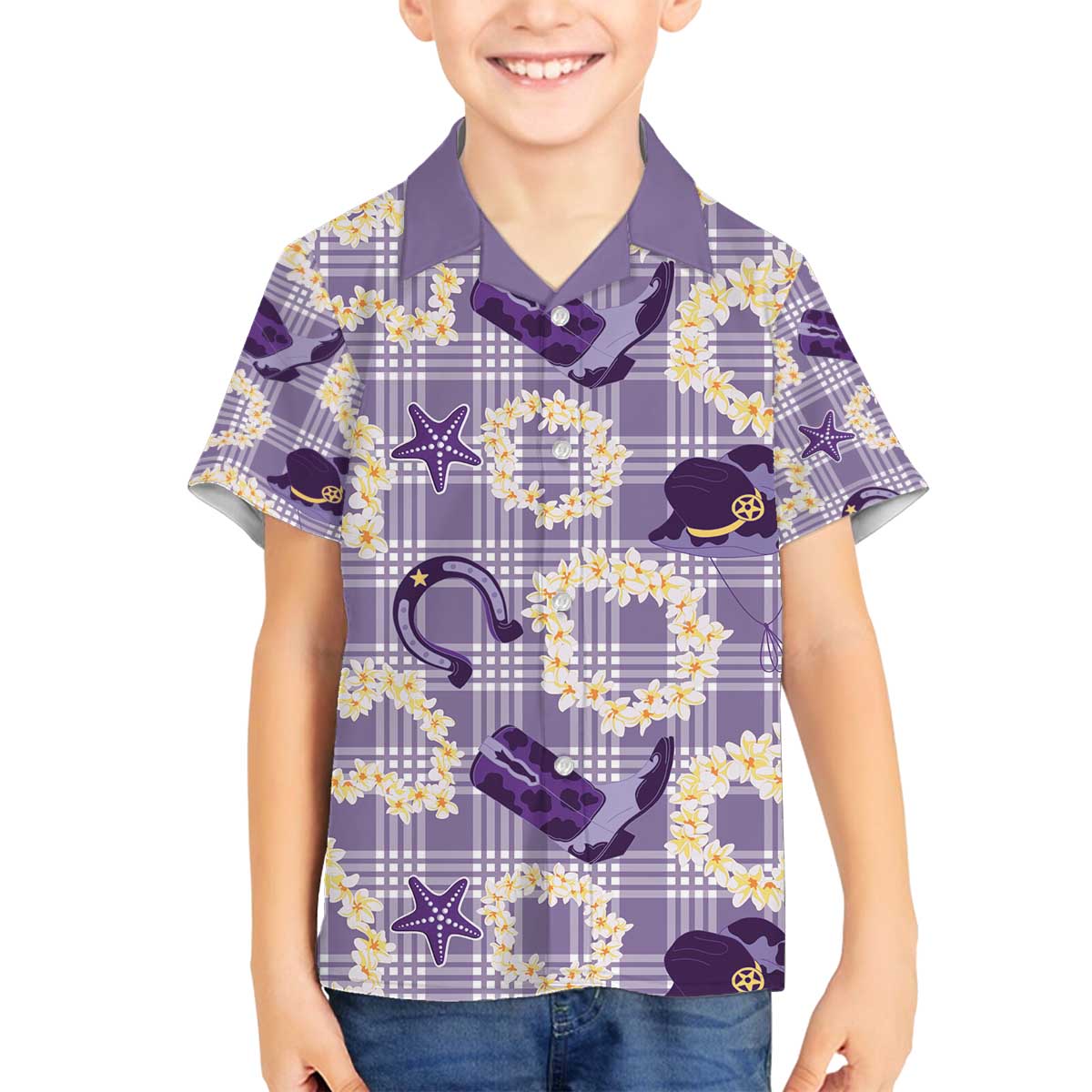 Aloha Hawaii Paniolo Lavender Palaka Family Matching Off The Shoulder Long Sleeve Dress and Hawaiian Shirt Coastal Rodeo - Polynesian Pride