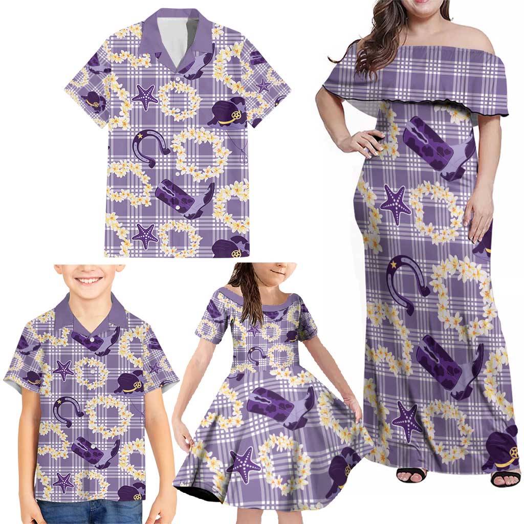 Aloha Hawaii Paniolo Lavender Palaka Family Matching Off Shoulder Maxi Dress and Hawaiian Shirt Coastal Rodeo - Polynesian Pride