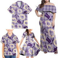 Aloha Hawaii Paniolo Lavender Palaka Family Matching Off Shoulder Maxi Dress and Hawaiian Shirt Coastal Rodeo - Polynesian Pride
