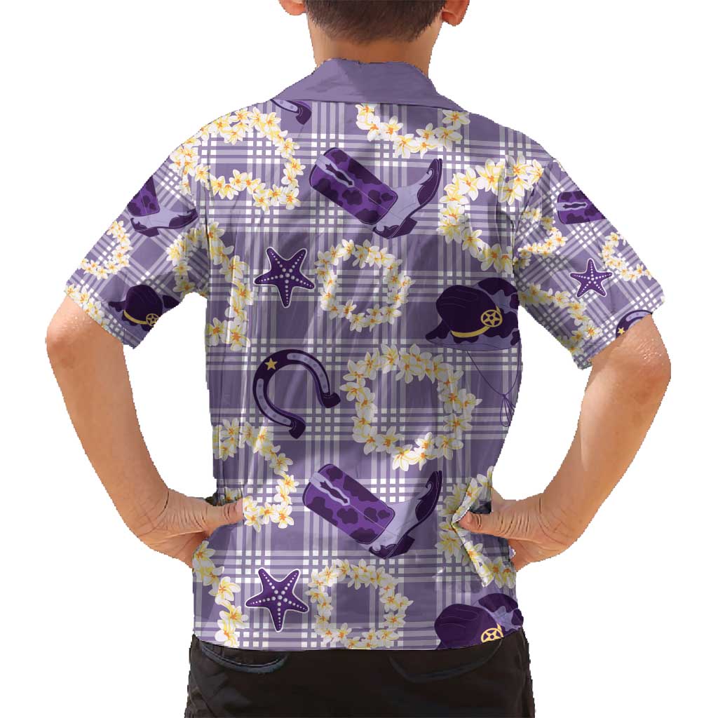 Aloha Hawaii Paniolo Lavender Palaka Family Matching Off Shoulder Short Dress and Hawaiian Shirt Coastal Rodeo - Polynesian Pride